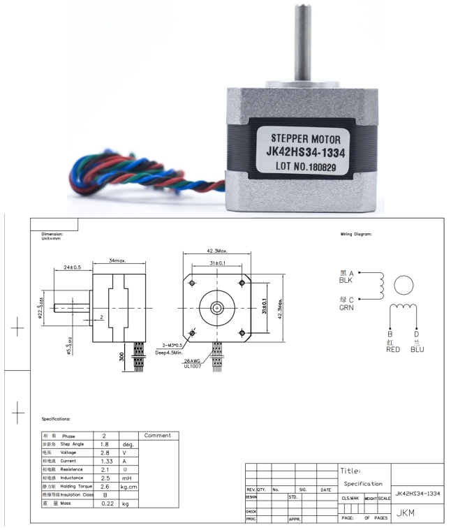 Шаговый двигатель NEMA 17 JK42HS34 (1.3A, 1.8°, кабель 30см)