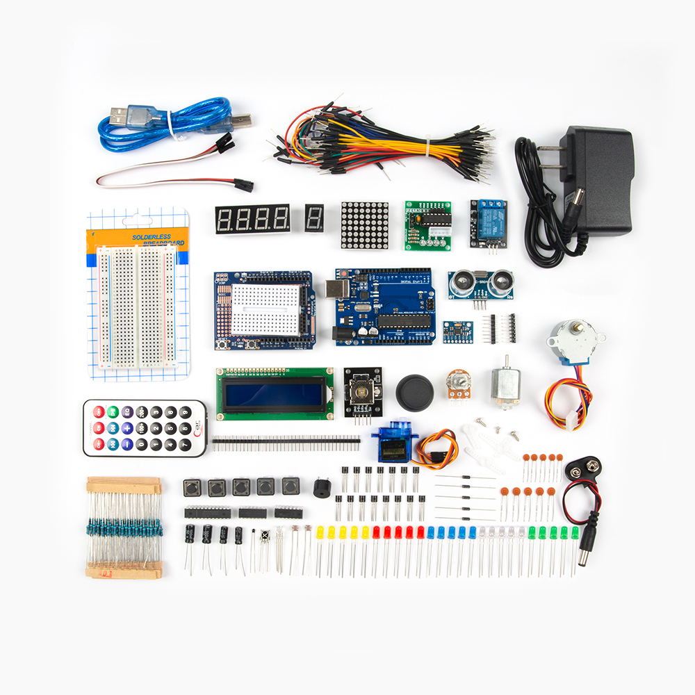 Дополненный набор Arduino UNO R3 DIP с фирменным логотипом с батареей крона 9В и блоком питания под американскую розетку