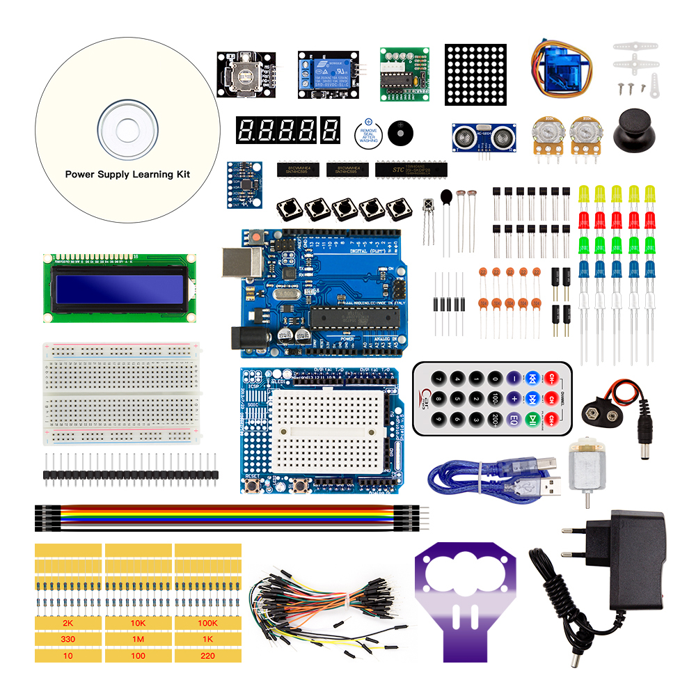 Стартовый набор Arduino UNO R3 DIP KUONGSHUN с логотипом без батарейки крона 9В с блоком питания под американскую розетку