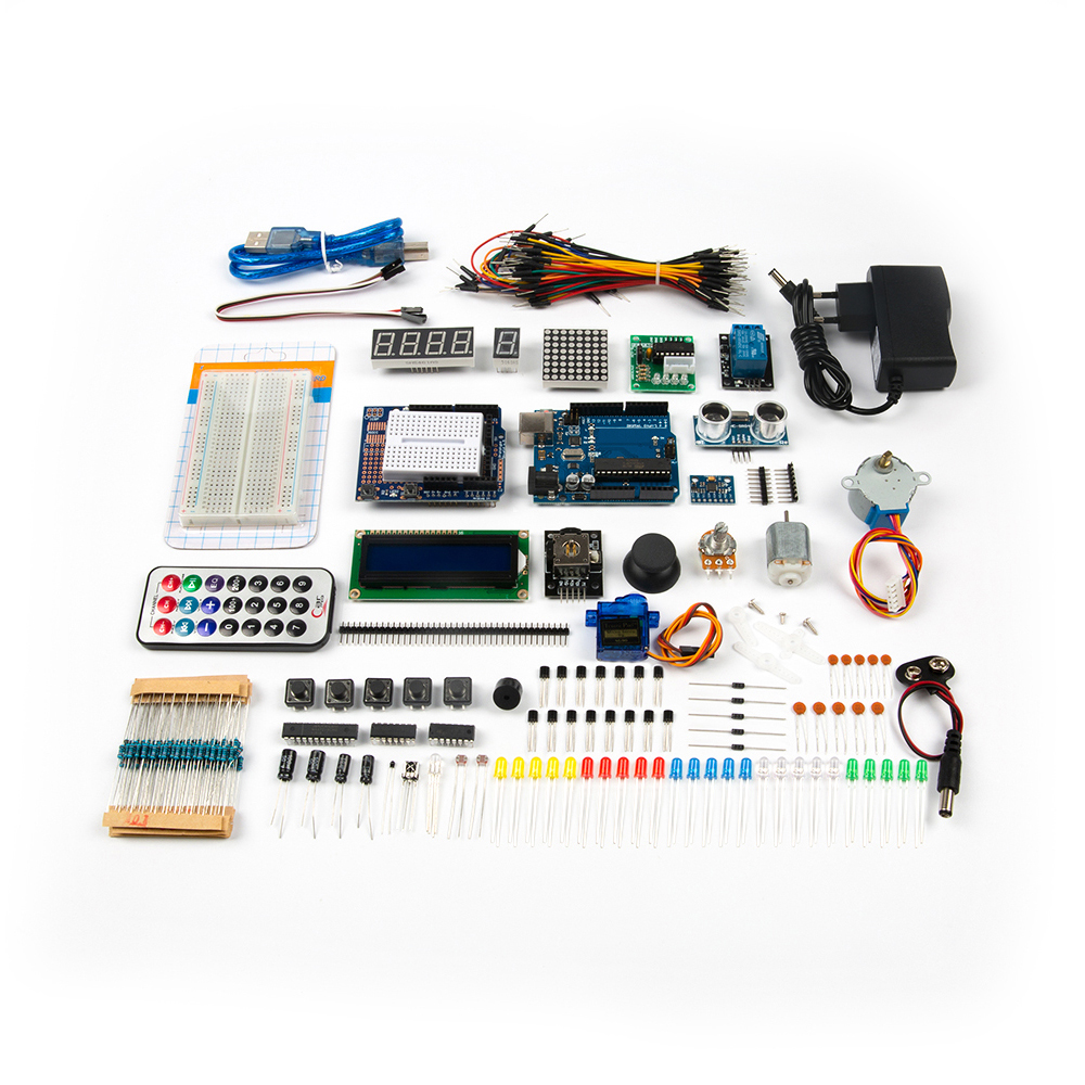 Дополненный набор Arduino UNO R3 DIP без фирменного логотипа без батареи крона 9В и с блоком питания под европейскую розетку