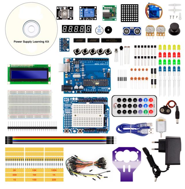 Стартовый набор Arduino UNO R3 DIP KUONGSHUN без  логотипа и батарейки крона 9В с блоком питания под американскую розетку