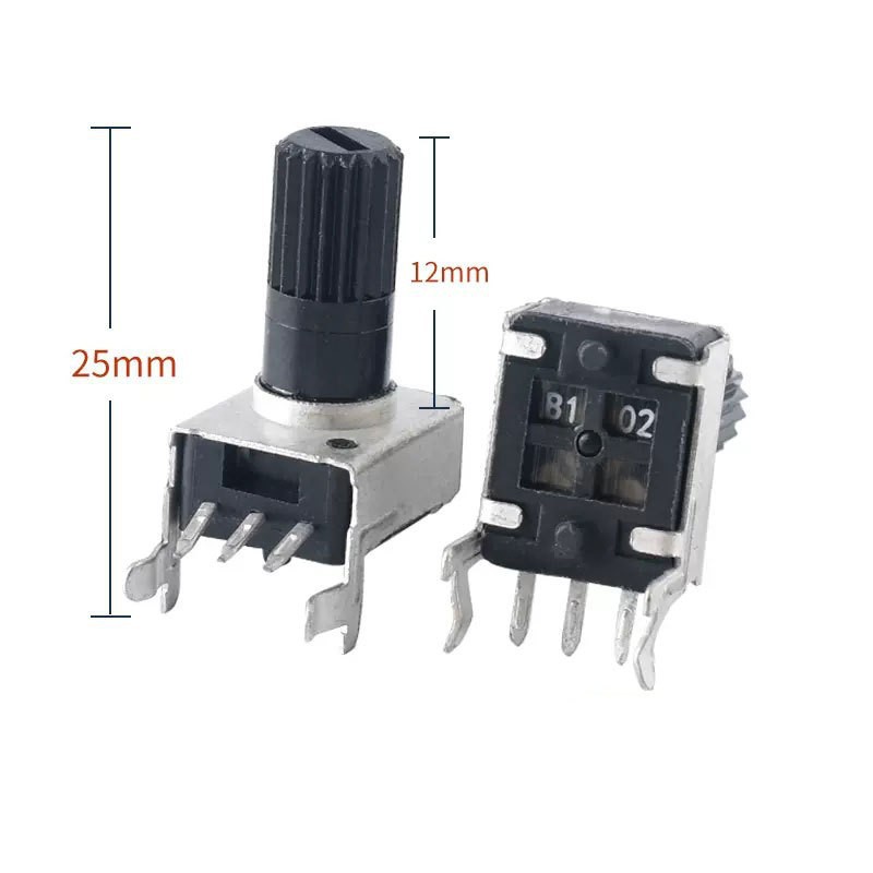 RV09, Потенциометр громкости, B20K, изгиб/горизонтальная установка, длинная ручка (маркировка B203)