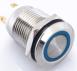 Металлический кнопочный переключатель с плоской головкой 12мм (круглая индикация, синяя подсветка, 220В, мгновенный, водонепроницаемый)