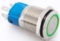 Металлический кнопочный переключатель с плоской головкой 16мм (круглая индикация, зеленая подсветка, 3-6В, 5А, самоблокирующийся, водонепроницаемый)