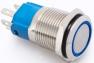 Металлический кнопочный переключатель с плоской головкой 16мм (круглая индикация, синяя подсветка, 110-220В, мгновенный, самовозврат, водонепроницаемый)