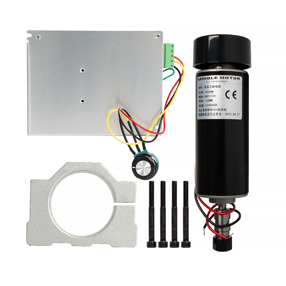 Мотор для ЧПУ станка, 500 Вт, сзажимами диаметром 52 мм, блоком питания и регулятором скорости 12000 об/мин, без ER11